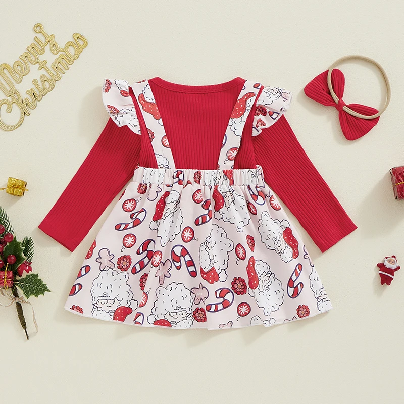 Baby Girls 3PCS Skirt Sets Flying Sleeve Romper Santa Claus Embroidery Suspender Skirt Headband Sets