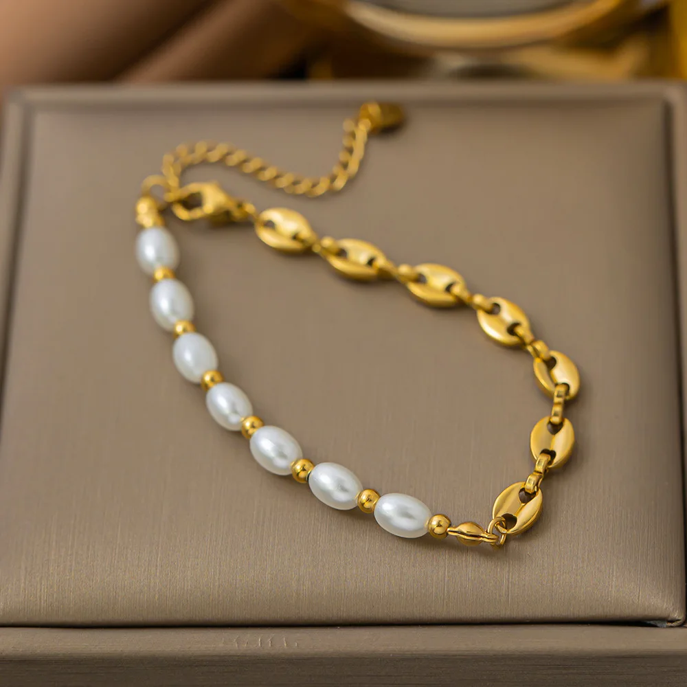 316L Stainless Steel New Fashion Fine Jewelry minimalist Pig Nose Shape Pearls Stitching Charm Chain Bracelets For Women