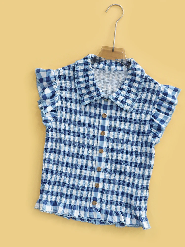 Blue Plaid Shirt HEIDD Early Spring 2026 Elegant Style Gathered Waist Pleated Skirtlike Hem Earlet Sleeves Polyester Fiber