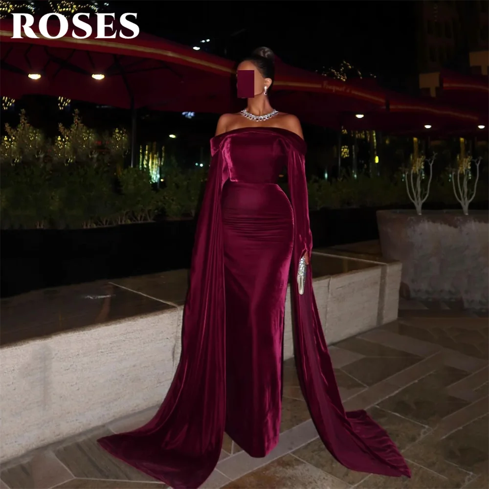 

ROSES Burgundy Prom Dress Off Shoulder Celebrity Dress Velvet Mermaid Women's Evening Dress Floor Length Formal Gown Customized