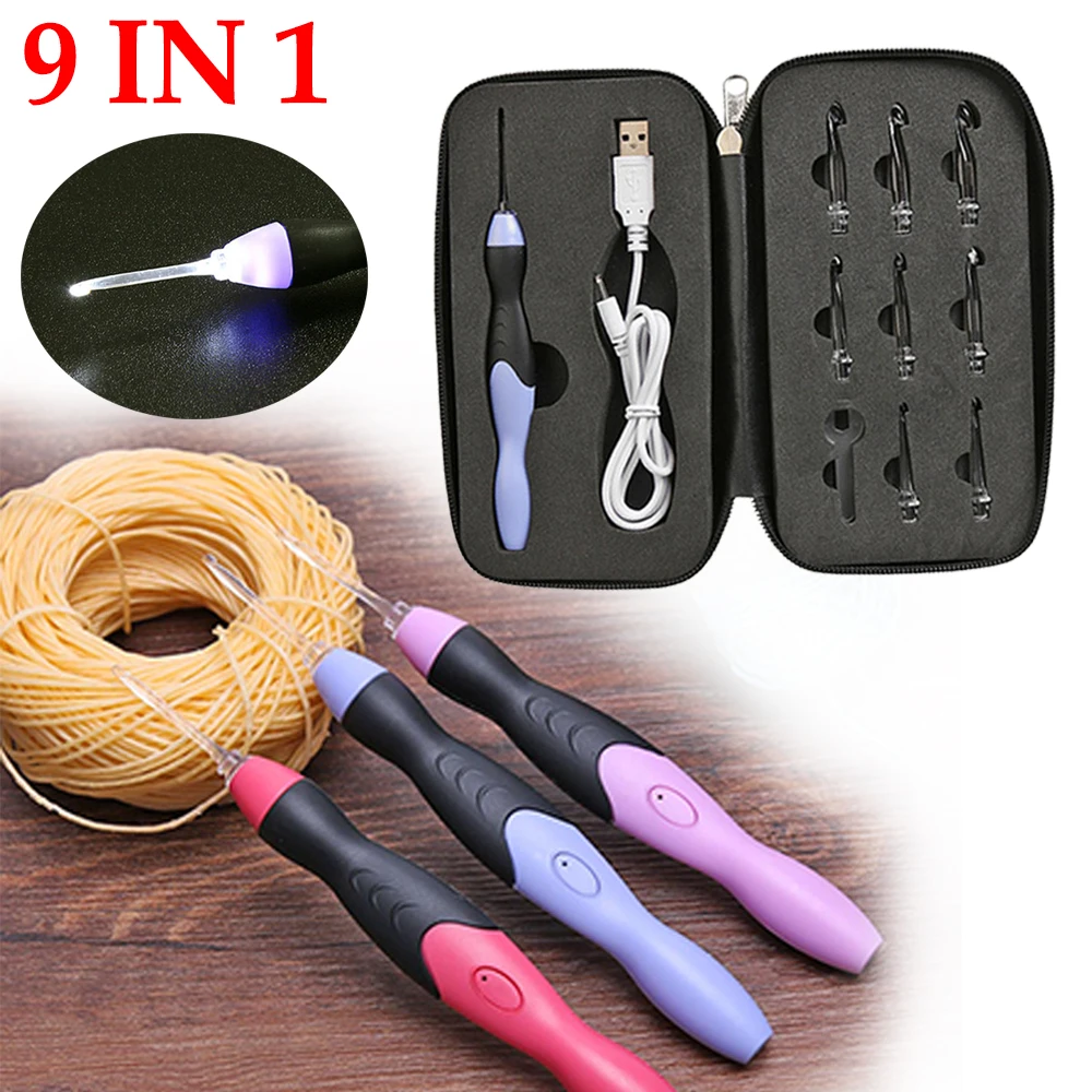 

9 In 1 LED Light Up Crochet Hooks Knitting Needles USB Charge Emergency Lighting Top Hook Sewing Handle Tools Kit