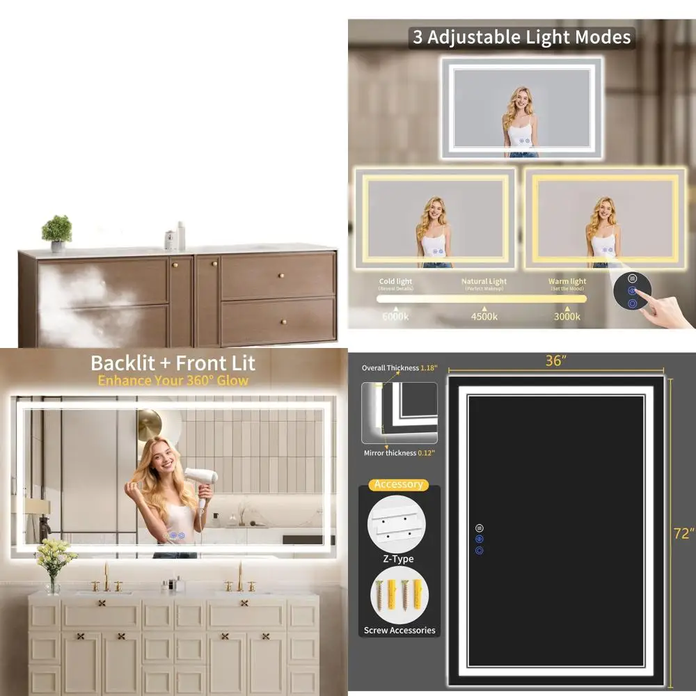 

Зеркало для ванной комнаты со светодиодной подсветкой, 36x72, противотуманное, с подсветкой и передней подсветкой, регулировка яркости, закаленное стекло, 3 варианта цвета