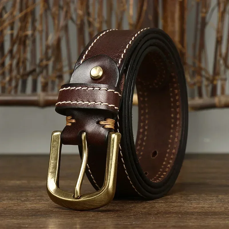 3.8CM Pure Cowhide High Quality Genuine Leather Belts for Men Korean Version Strap Male Brass Buckle Fancy Vintage Jeans Cowboy