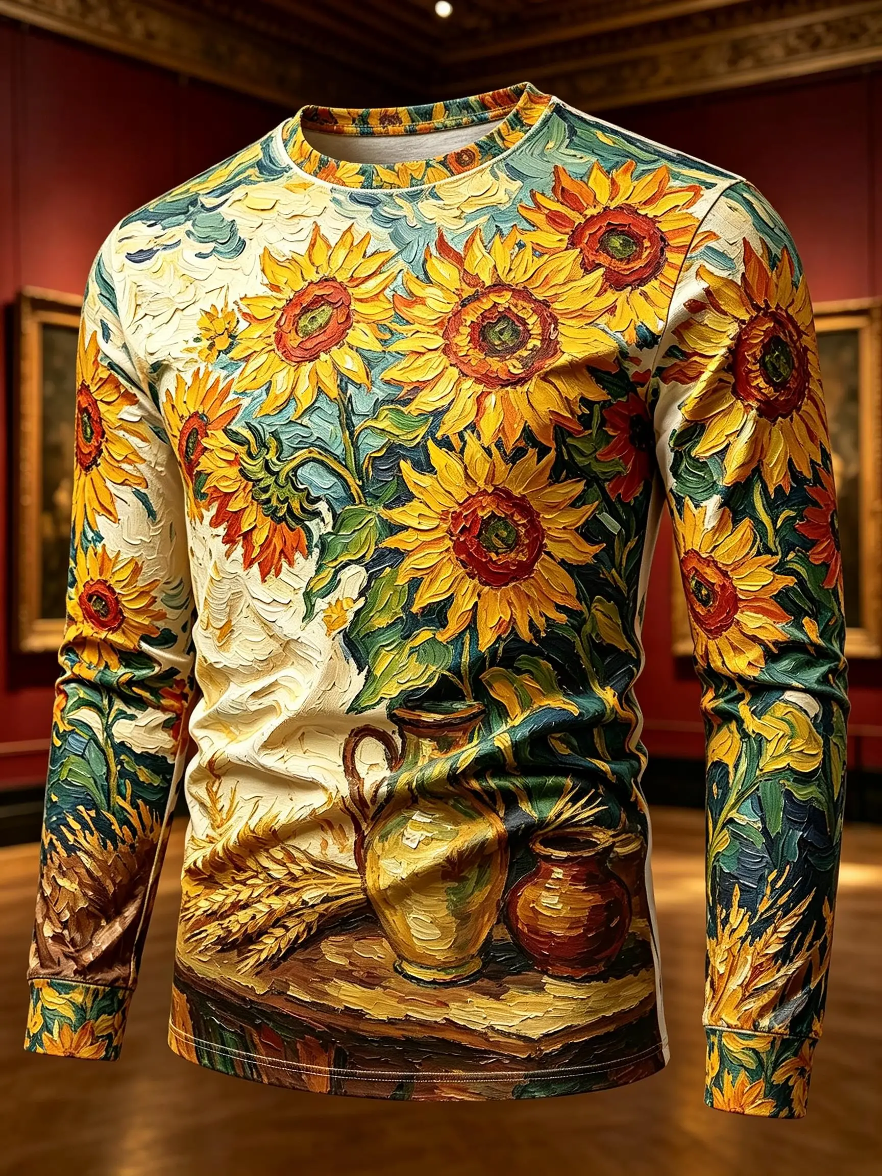 Mens Casual Long Sleeve T-shirt Retro Impressionism Sunflower Vase Floral Artwork Full Print Daily Wear Blouse