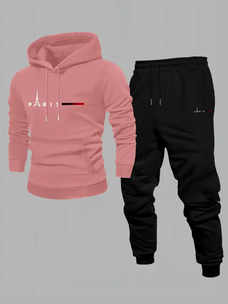 メンズ2025年新作スポーツ＆レジャートレンドプリントフード付きスウェットシャツ、春秋スポーツウェアツーピースセット、メンズデイリーウェア