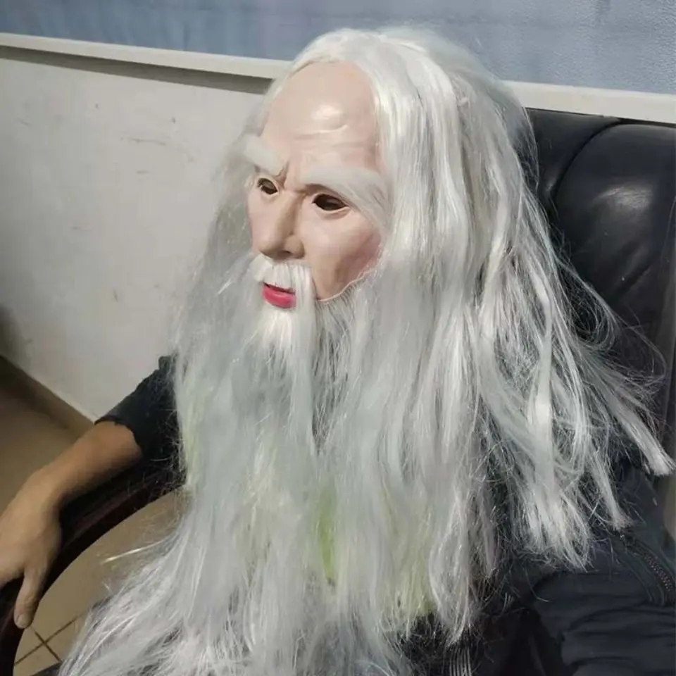 Cabelo branco mago máscara com barba branca, vovô tampa da cabeça, Santa Latex Role Play Adereços, Adereços de Halloween, Engraçado