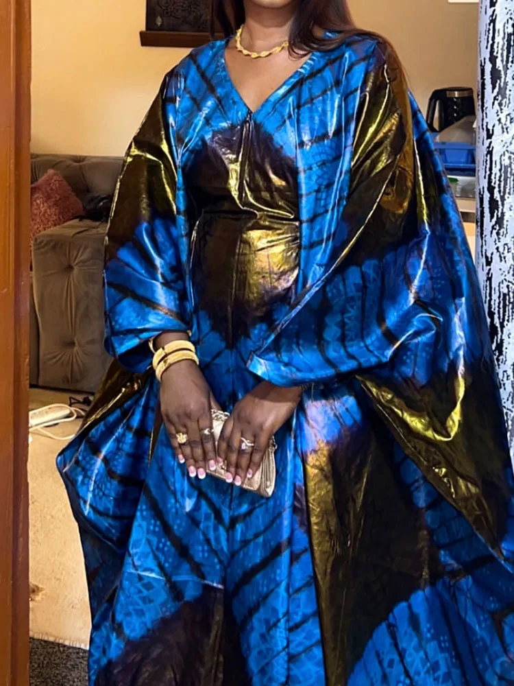 African Party Dress 2026 - Women‘s Elegant Wedding Guest Gown, Shiny Ankara Boubou with Scarf, Riche Daily Long Dress