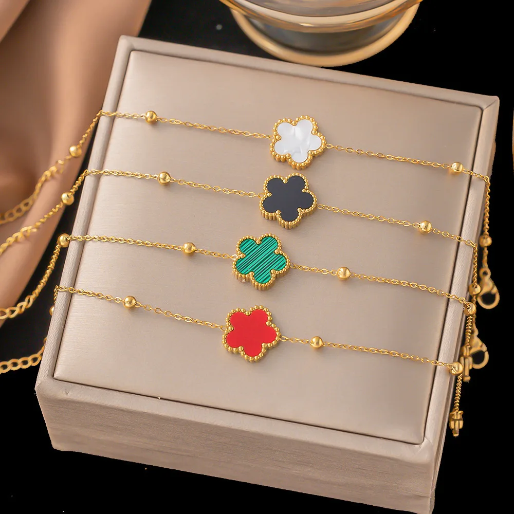 Stainless Steel 5 Clover Flower Charm Bracelet for Women Trend Simple Design Chain Link Wristband Jewelry Birthday Party Gift
