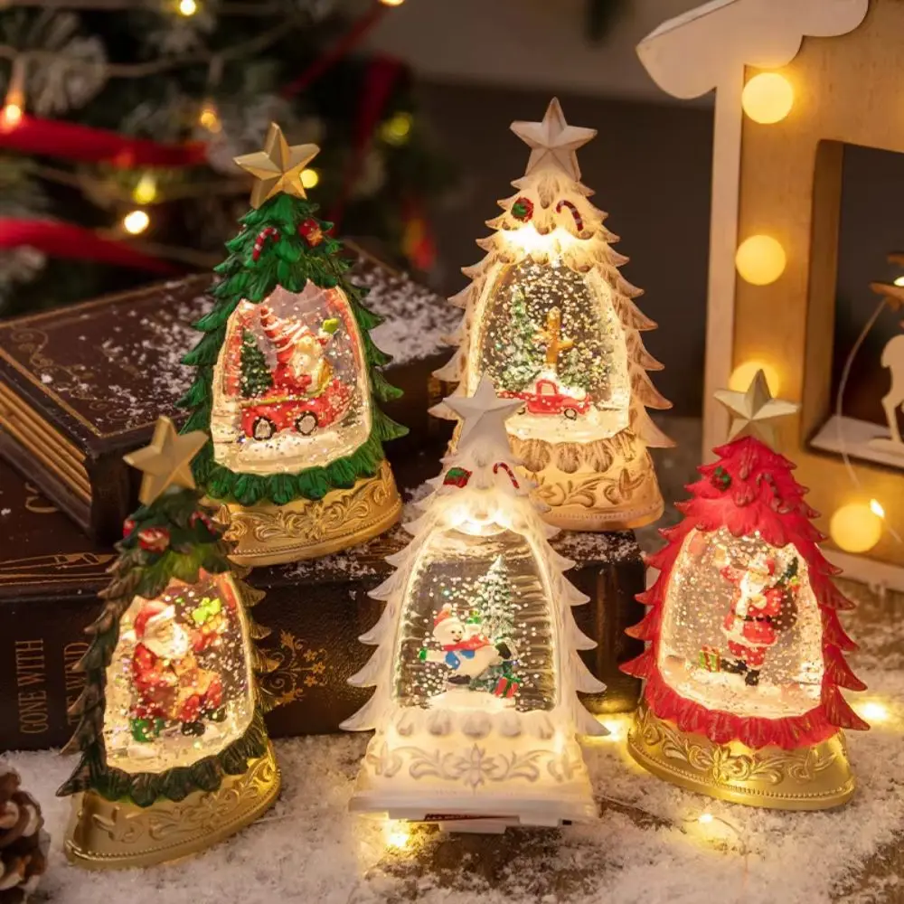 Christmas Tree Shape Christmas Snow Globe Floating Snowflakes Lighted Lighted Water Lantern Handicrafts Desktop Ornament