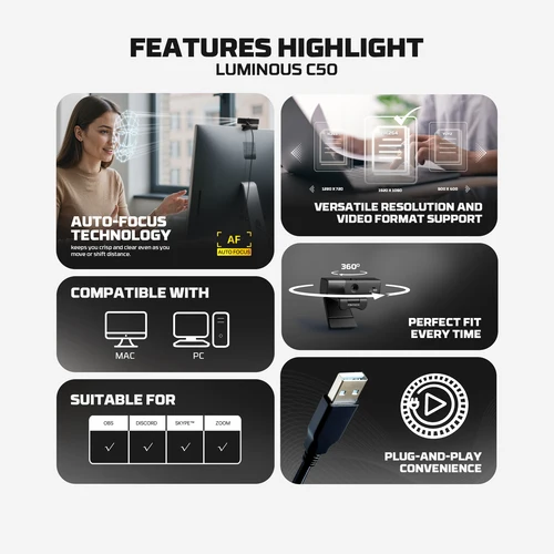 Imagen 2 del producto FANTECH LUMINOUS C50 Webcam 2K 2560 x 1440 30fps Enfoque automático Micrófono incorporado con cancelación de ruido 3D Mini cámara para PC