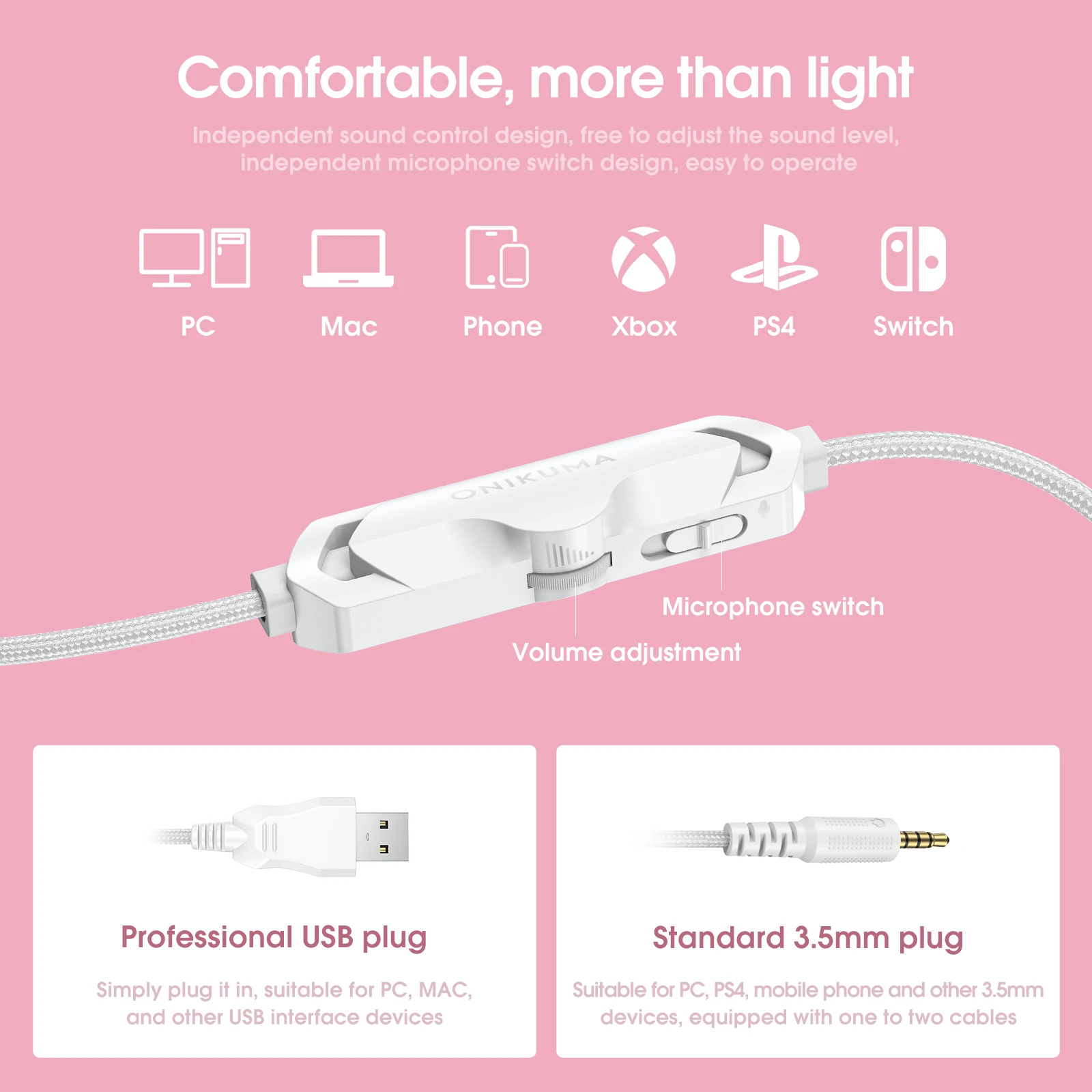 ONIKUMA X10 Gaming Headphones with Detachable Cute Cat Ear RBG Lighting Gaming Headset Gamer Earphone with HD Mic for PC Gaming