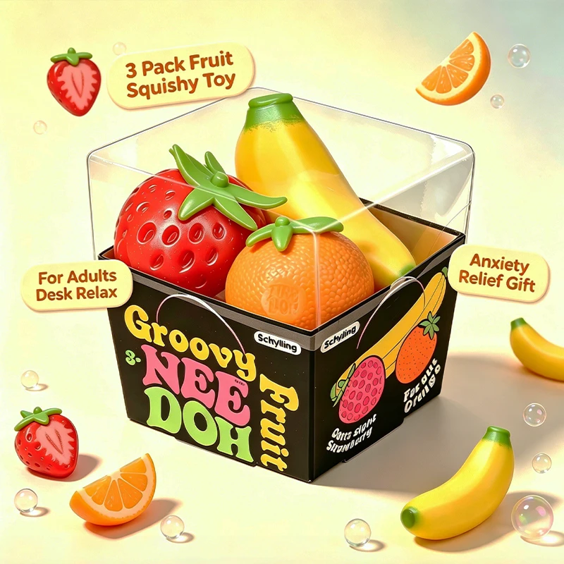 Needoh Schylling Trendy Fruit Form Squeeze Elastic Texture Anxiety Easing Stress Relief Sensory Relaxation Tension Release Toy