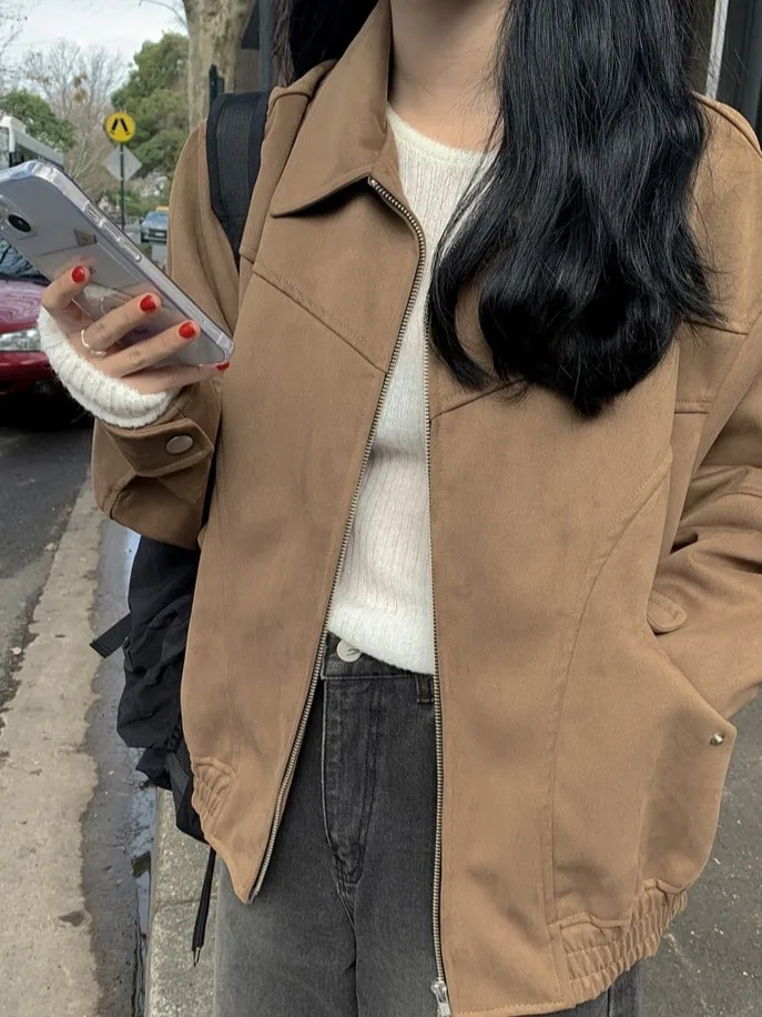 سترة نسائية من Retro ort فضفاضة للشارع Sle أنيقة متعددة الاستخدامات مفتوحة من الجلد الصناعي الدافئ معطف شتوي كوري Faion