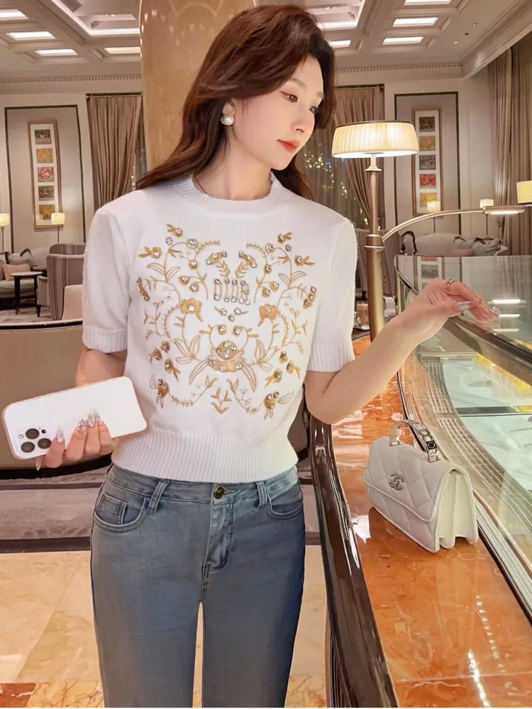 Early Spring Sweater Embroidery Rhinestone Crop Tops Graphic Y2K Women\'s Clothing Short Sleeve Tees Vintage Luxury Knit Pullover