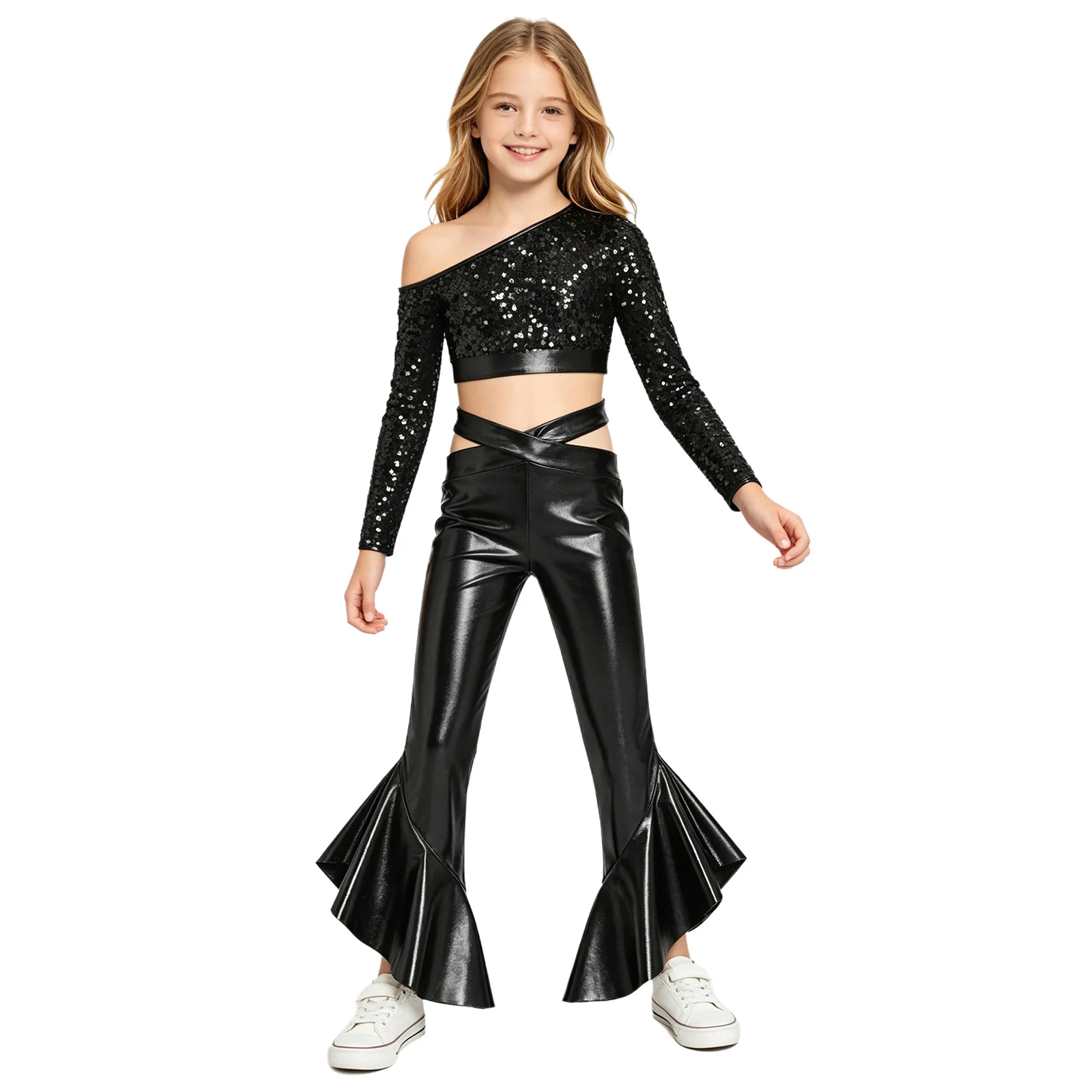 Kids Girls Metallic Disco Jazz Dance Costume Long Sleeve Sequins Crop Top with Shiny Flared Pants for Hip Hop Party Performance