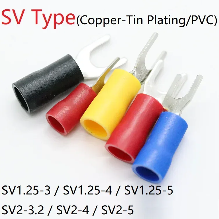 

10pcs SV Type Wire Spring Terminal SV1.25 SV2 Fork U Y PVC Insulate Ferrules Block Spade Cold Press Cable End Crimp Connector