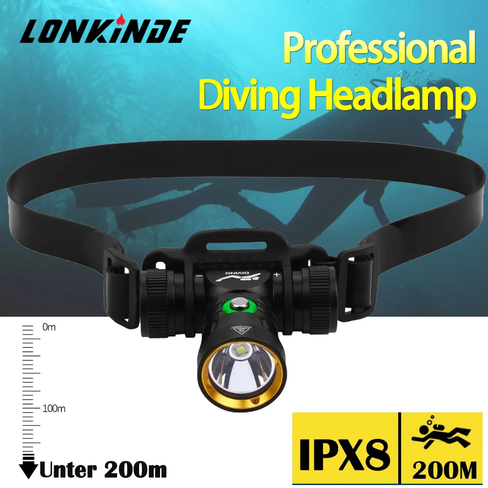 

Professional Diving Headlamp 200 Meters Underwater Headlight L2 Led Scuba head Flashlight Torch Waterproof IPX8 18650 Lamp Light