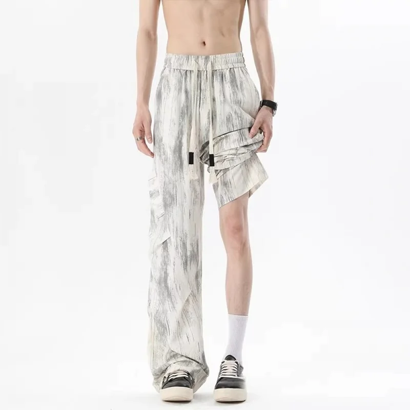 QICHE Men Clothing 2026 Summer Thin American Tie Dye Diagonal Spliced Sweatpants, Cleanfit Curved Wide Straight Ice Silk Trouser