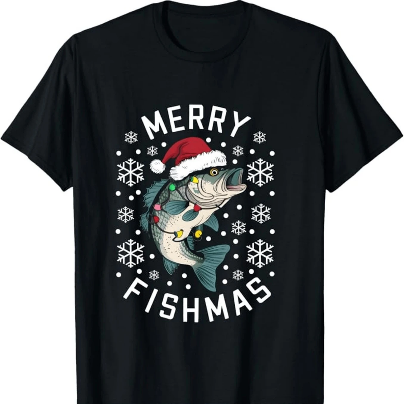 

Fishing Bass Lucky Fish Snowflake Ugly Christmas Sweater T-Shirt 100% Cotton O-Neck Short Sleeve Summer Casual Mens T-shirt