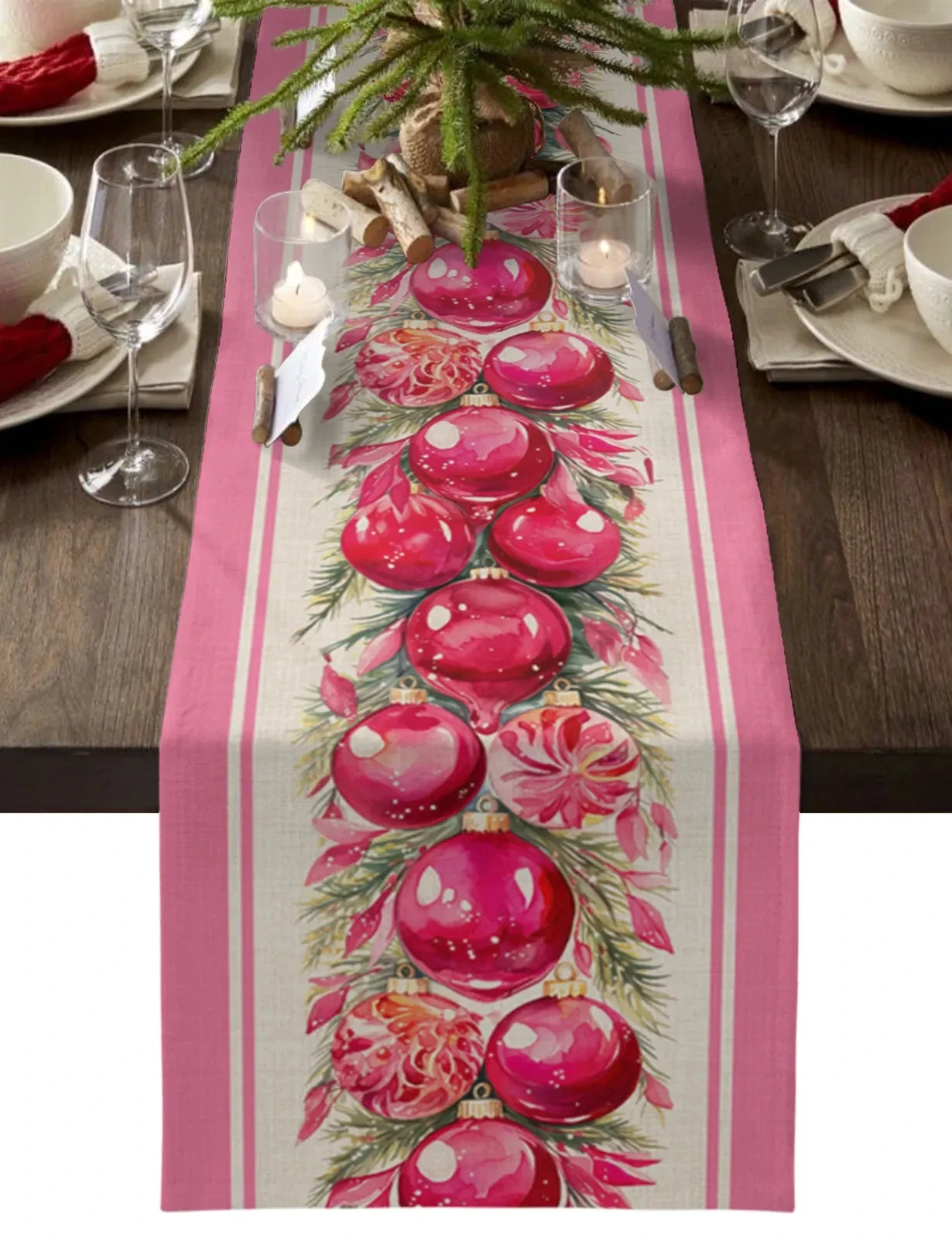 Christmas Poinsettia Watercolor Light Ball Linen Table Runners Wedding Decor Washable Dining Table Runners Christmas Decorations