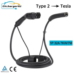 EVcharger4U Type 2 to Tesla EV Charging Cable 4M/7M 1Phase 32A 7KW IEC62196 Type2 NACS Cable for US Made Model 3 X S Y