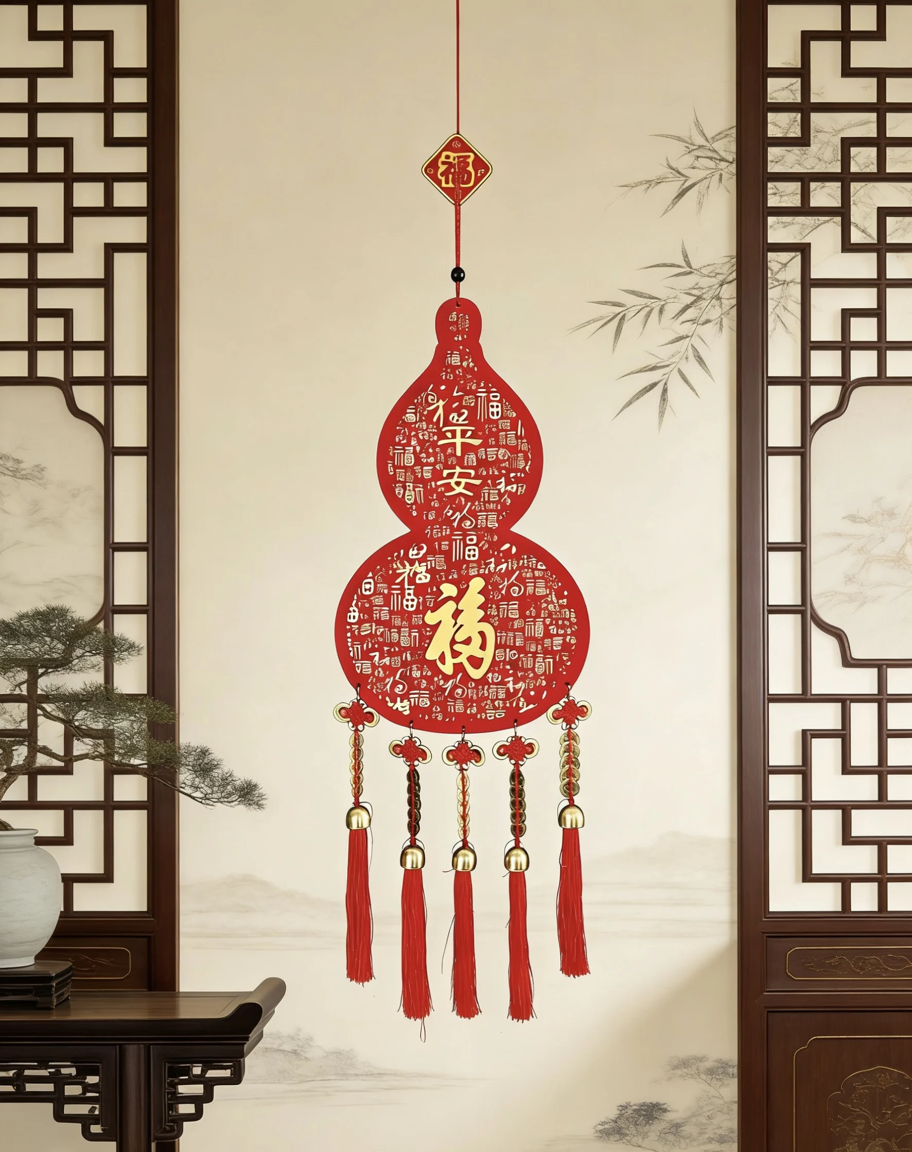 

Fulei Peaceful Wealth Real Wood Enamel Five Emperor Coins Hundred Blessings Gourd Living Room Entrance Good Luck Ornament