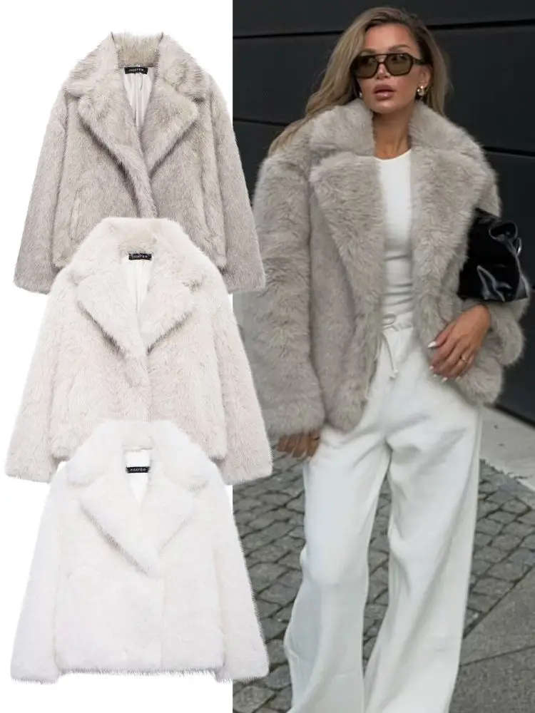 HH Fashion Women's Winter Solid Thick Warm Faux Fur Coat 2025 Lapel Collar Long Sleeves Female Chic Lady Street Furry Jacket