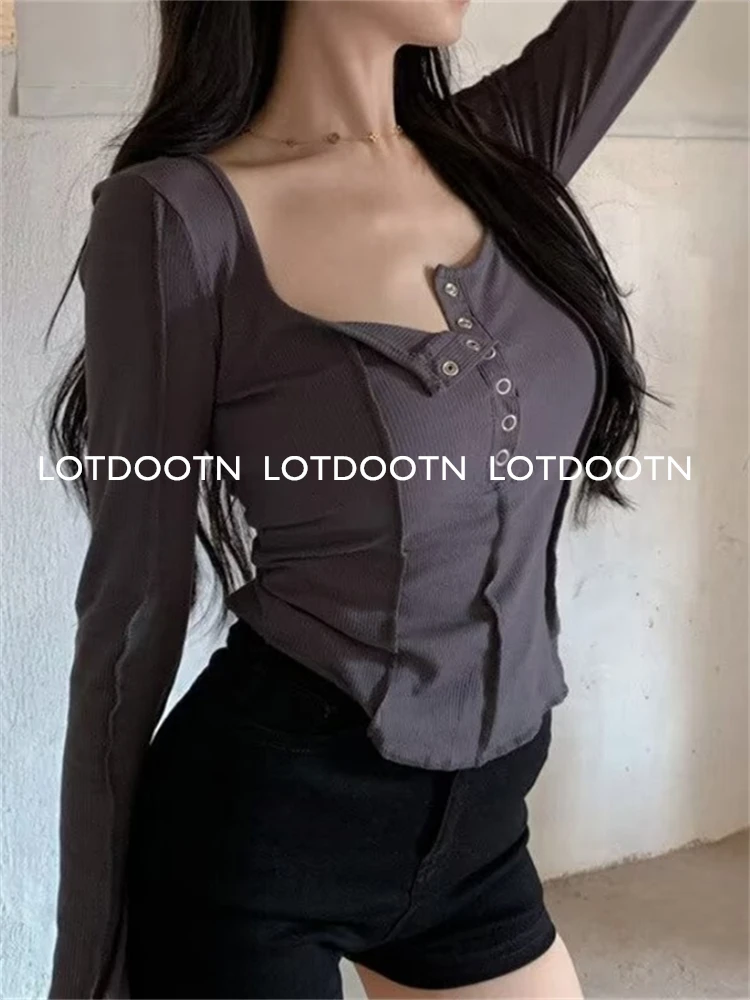 LOTDOOTN Grunge Clothes Button Up Lady Crop Top Sexy Women Button Up Women Summer Spring Slim Fit Long Sleeve Y2K Streetwear New