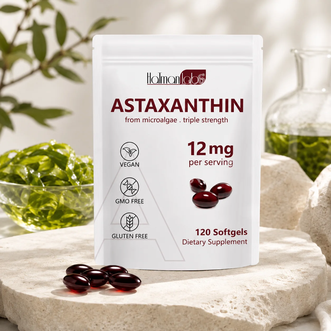 Triple Strength Astaxanthin 12mg Softgels - Natural Antioxidant for Skin Hair Joint Health & Immune Support 120ct