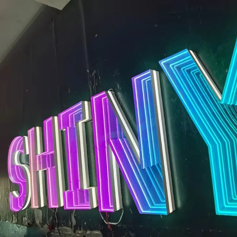 Customized Trendy Infinity Mirror Glass Neon Sign with Neon Light for Store Light Box Made of Stainless Steel and Tempered Glass