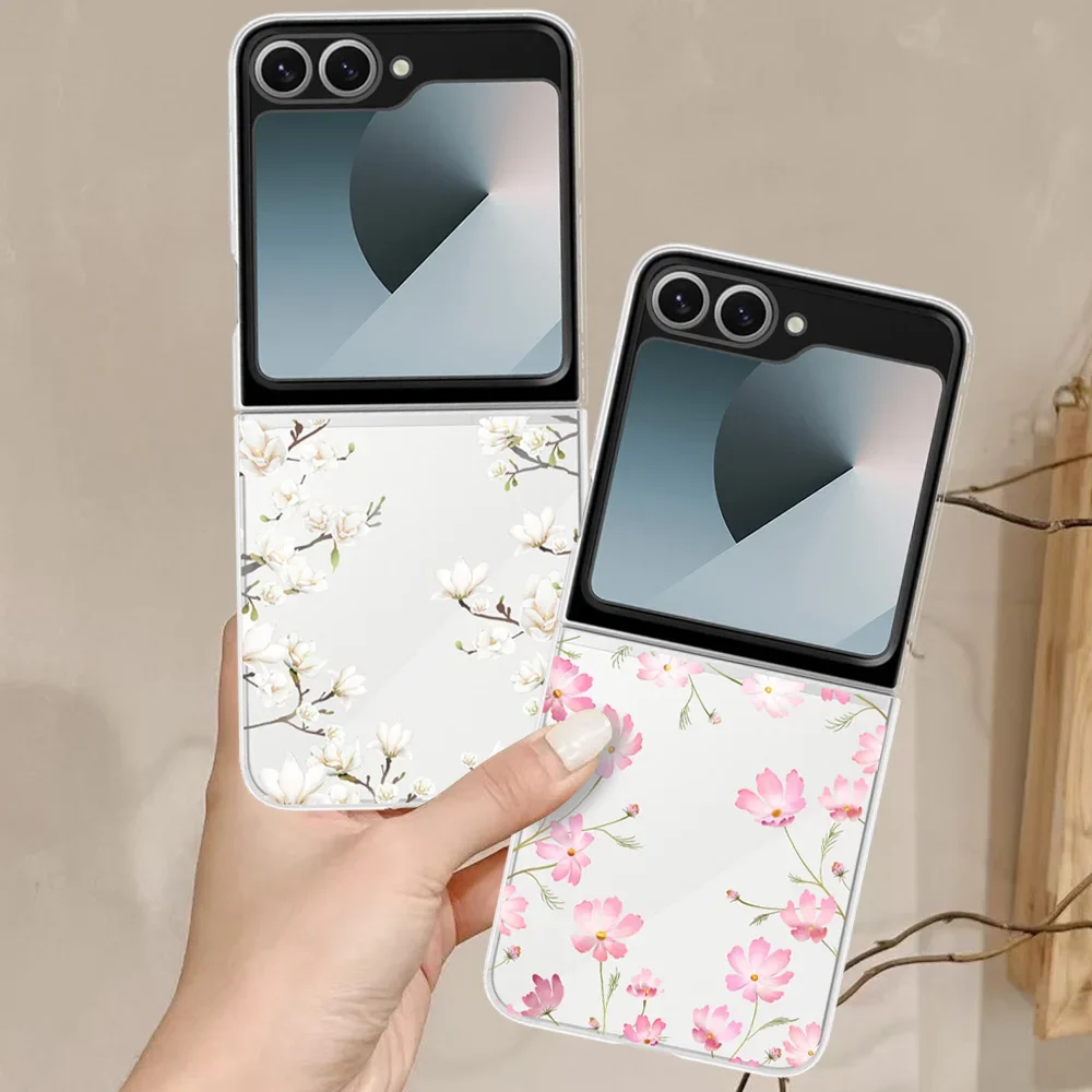 Funda de flores estéticas Para Samsung Galaxy Z Flip6 Flip5 5G Hard Utrl Clear Girly Shell Z Flip 3 4 5 6 fundas Para Celulares