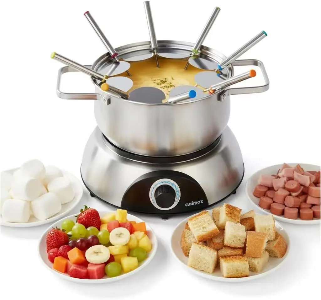 

1500W Electric Fondue Pot Set - 1.4 Qt Stainless Steel, 8 Color Forks, Adjustable Temp