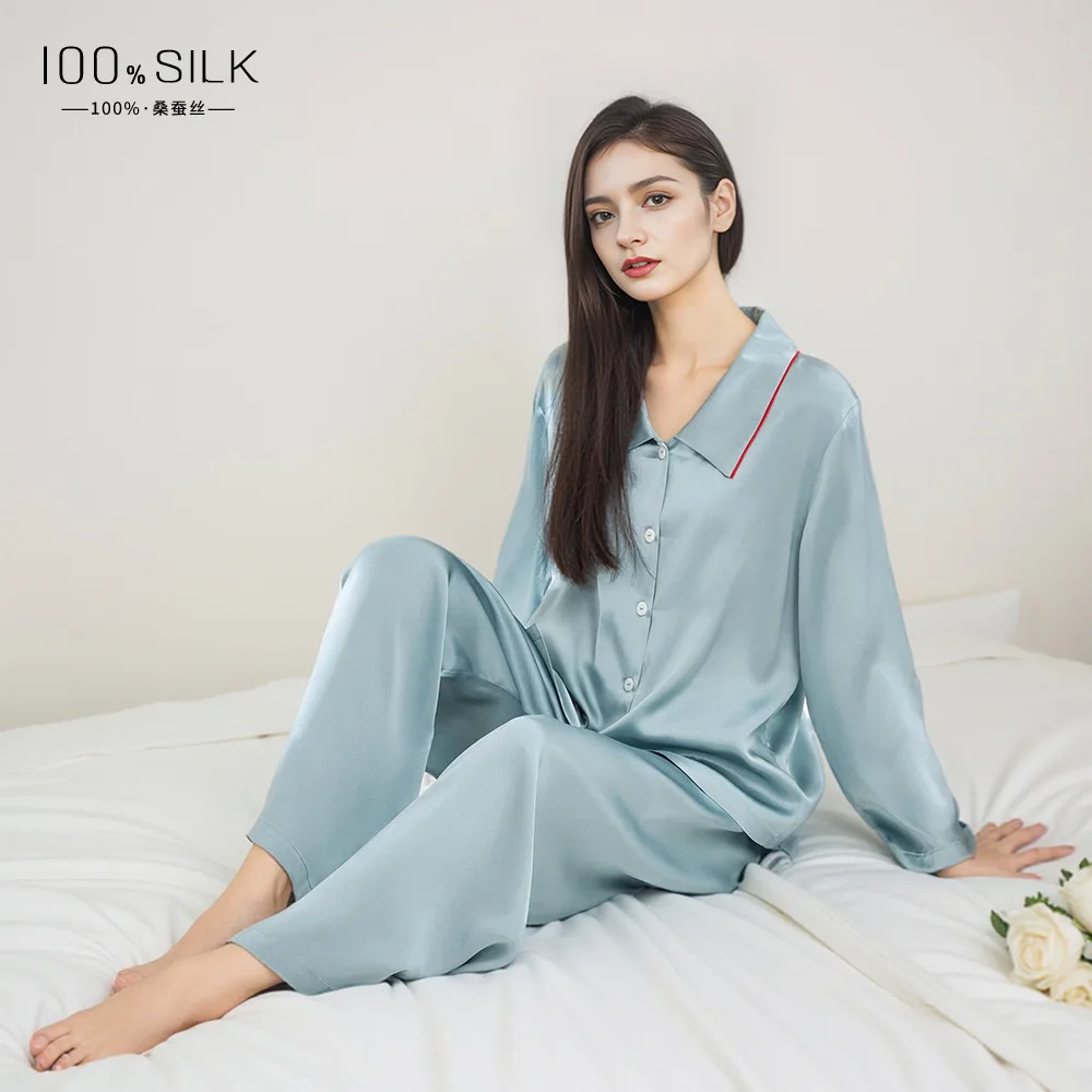 100% Mulberry Silk Two-piece Set Ladies Night Sleepwear Homewear Spring and Autumn Silk Pajamas Set Plus Size Women's Pajamas