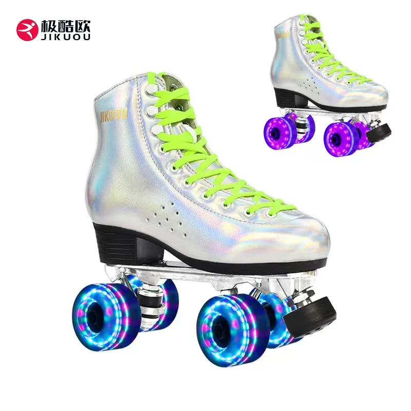 Microfiber Leather Roller Skates Shoes for Adult, Four Flash Wheels, Double Row, Aluminum Alloy Bracket, Professional Patines