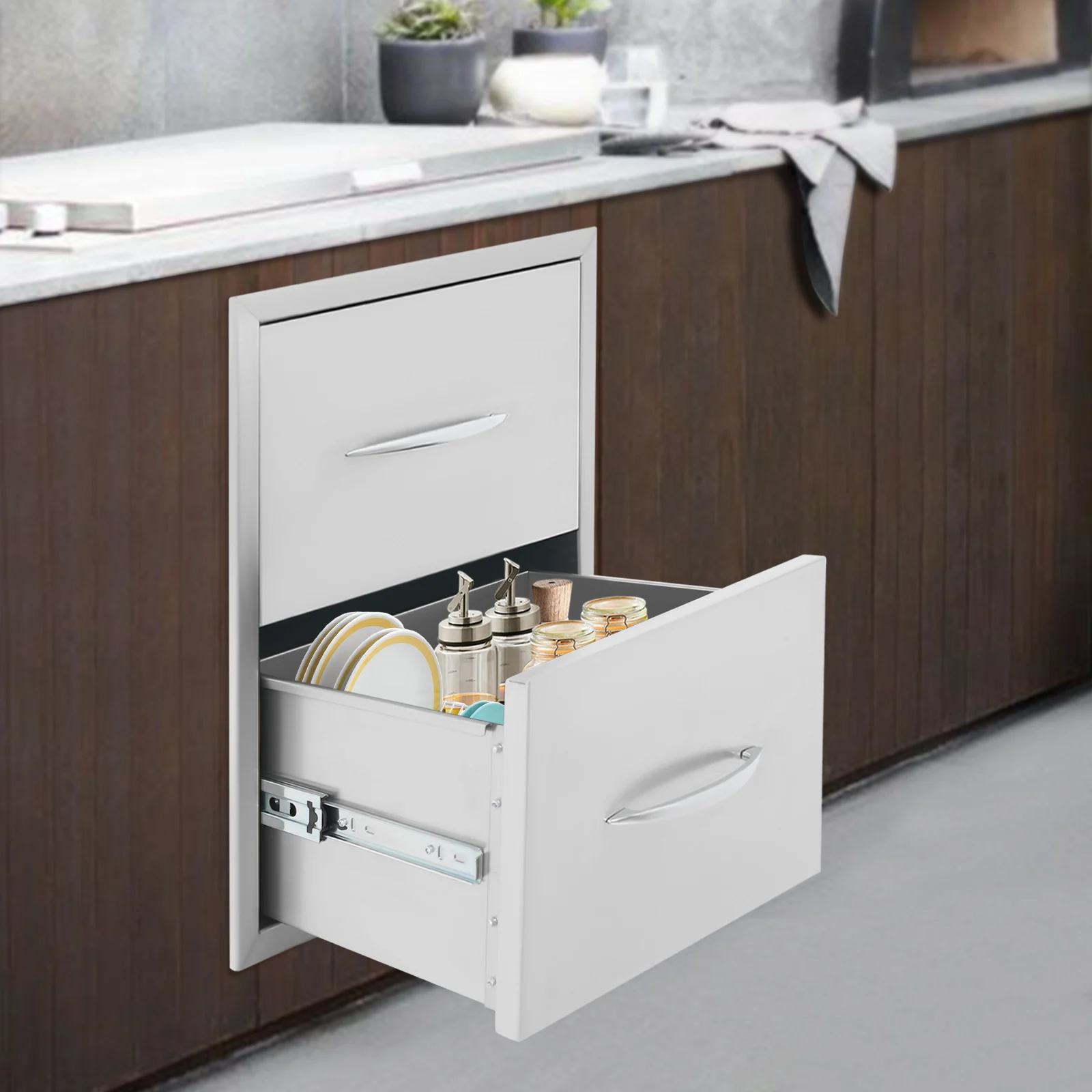 Stainless Steel Outdoor Kitchen Drawer 2-Layer Embedded Kitchen Utensil Storage Drawer for Hotel/Outdoor Kitchen/Cabinet​