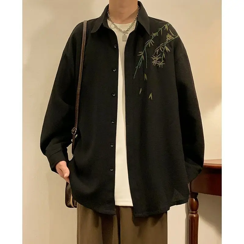

New Chinese Style Bamboo Embroidery Shirt Chinese Style High-end Long Sleeve Loose Lazy Drape Men