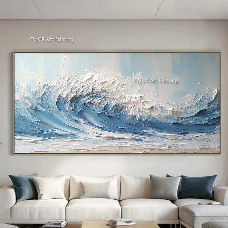 Original Large Abstract Blue And White Ocean View Knife Thick Oil Painting On Canvas Handmade Seawaves  Scape Wall Art Decor