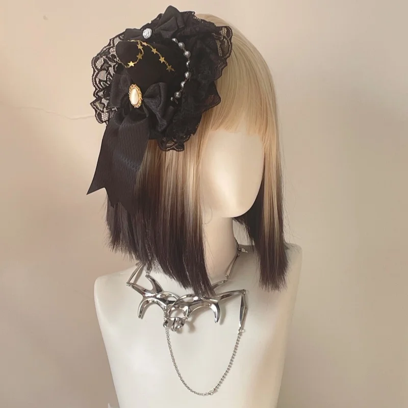 New Handmade Dark Gothic Small Hat Y2K Punk Lace Bow Headdress Magic Girl Cosplay KC Hairpin Witch Hat Hair Accessory