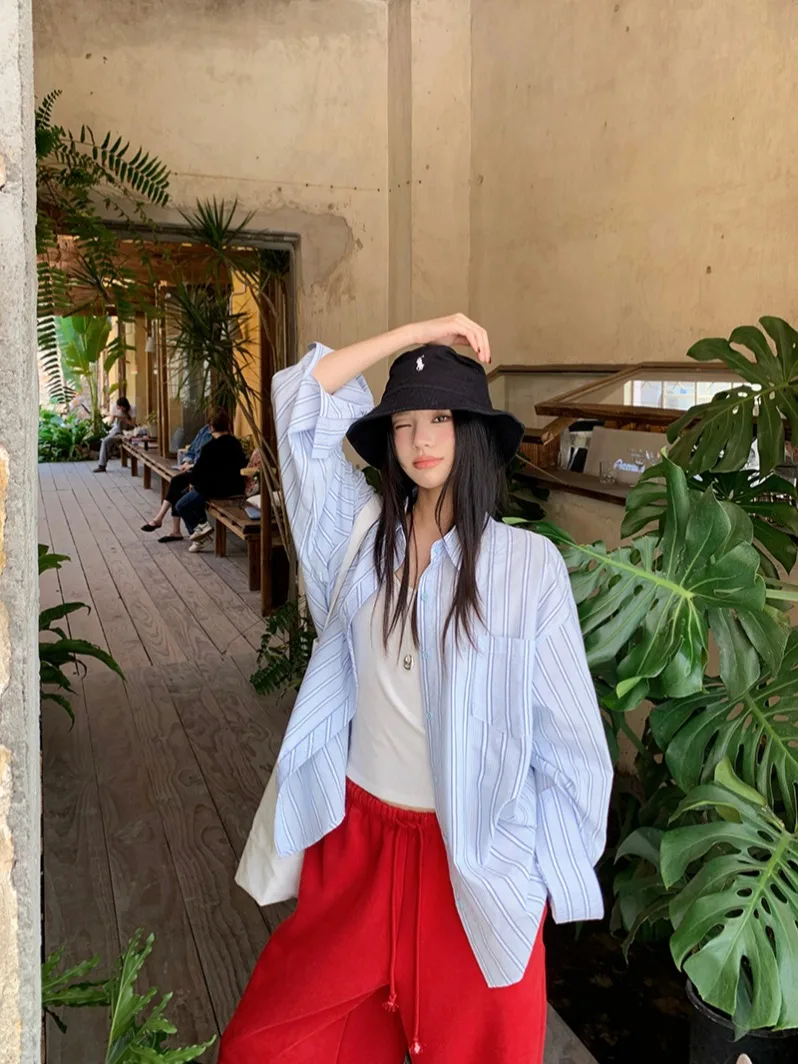 

Повседневная женская рубашка с длинным рукавом и полосатым воротником, весенняя, в расслабленном стиле, свободная, универсальная, в корейском стиле, для офиса и повседневной носки