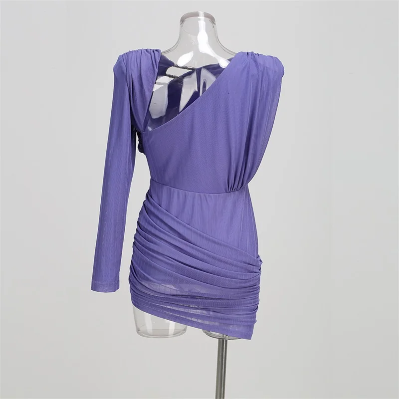 퍼플 프롬 드레스 섹시한 홀터넥 긴 소매 짧은 미니 쉬스 파티 가운 가을 비즈 장식 정장 웨딩 게스트 생일 드레스