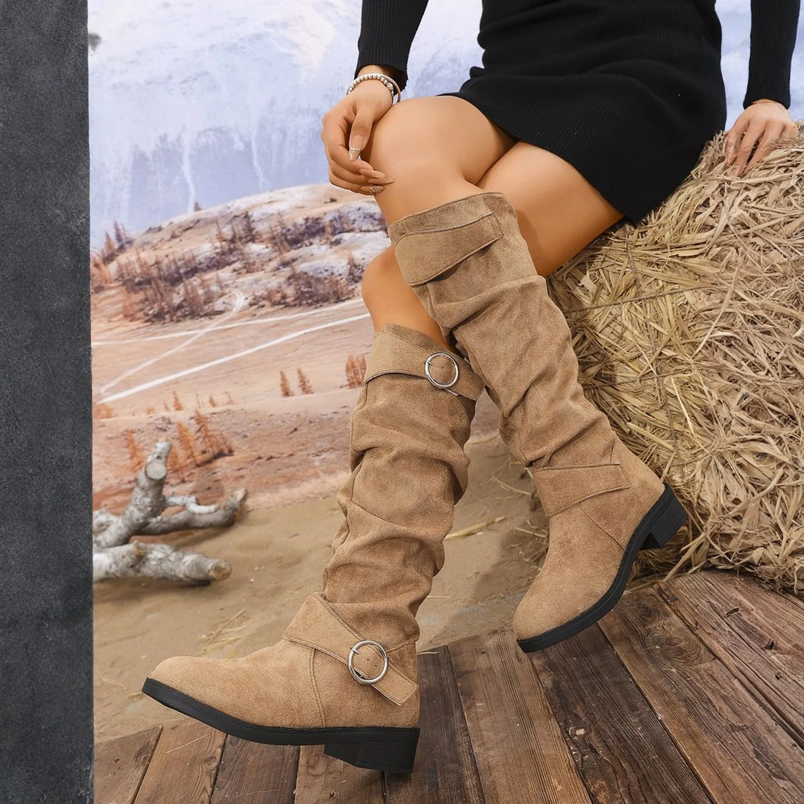 

Western Style Pleated Flat Bottom Booties Women's Autumn Winter Thick Heel Long Boots Leather Belt Buckle Cotton Lined Ankle Boo