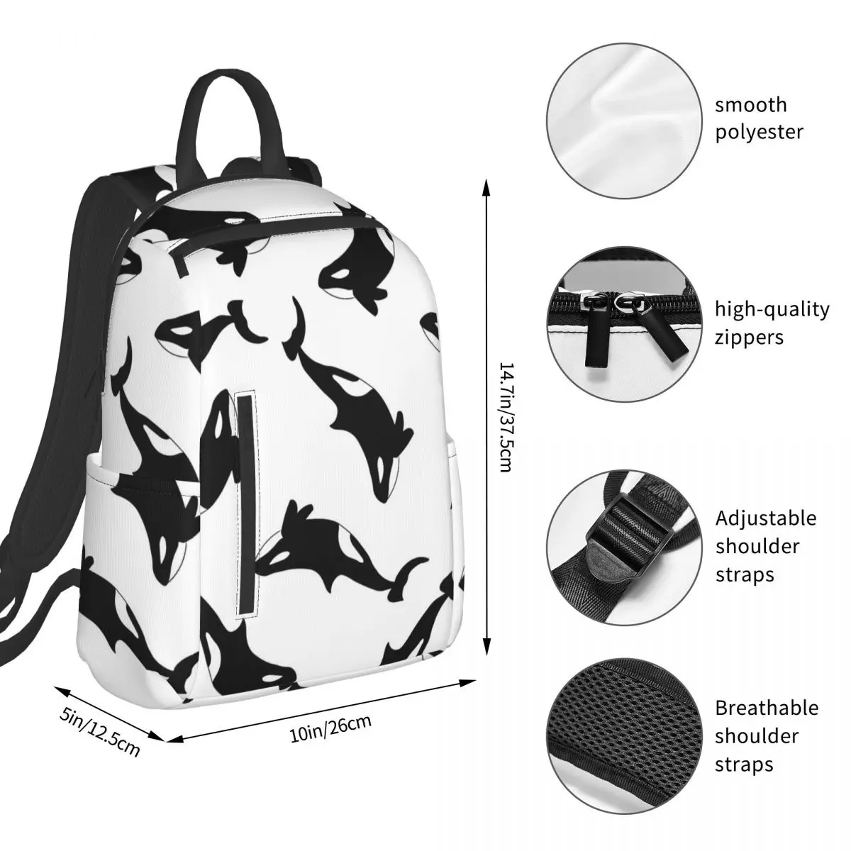 Orca Killer Whale Backpack Student BookBag Children School Bag Laptop Shoulder Bags Boys Girls