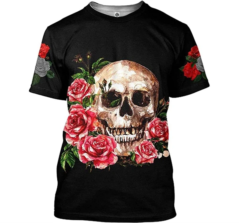 Retro Skull Rose Graphic Men's T-Shirt For Men Summer Short Sleeve 3D Printed Unisex Tops Fashion Casual Kids Tee Shirts Hip Hop