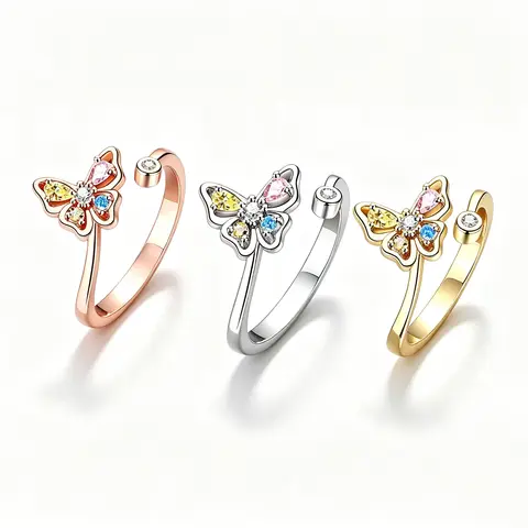 Women's Butterfly Open Adjustable Ring Multicolor Crystal Zircon Finger Ring Fashion Party Holiday Jewelry Girl Birthday Gift