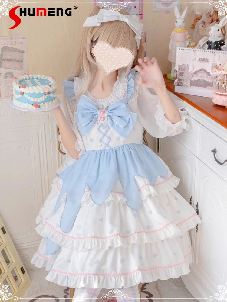 

Original Japanese Girl's Blue Lolita Style Short Dress Jsk Summer Daily Y2k Dress Women's Cute Bow High Waist Tea Party Dress