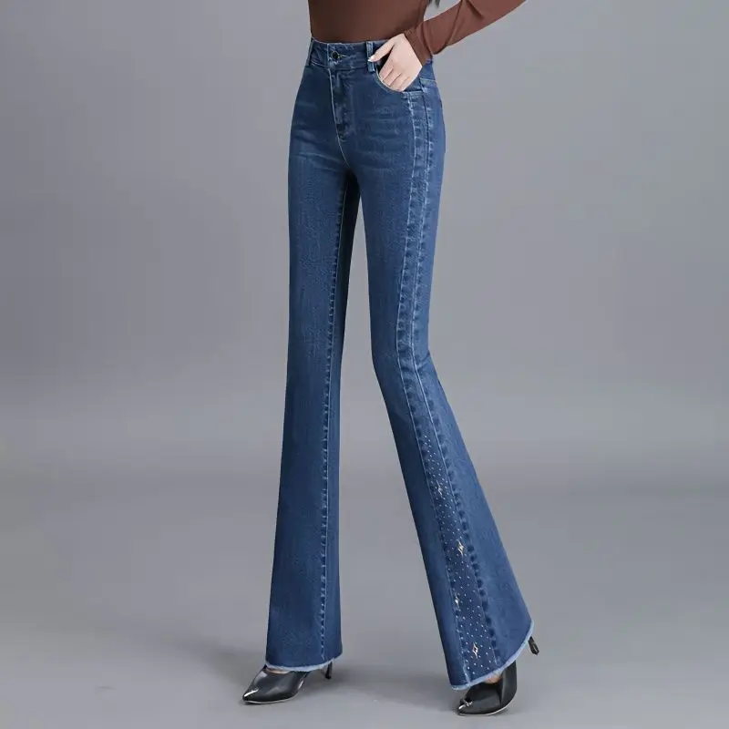 

Fashion Zipper Button Pockets Spliced Diamonds Flare Jeans Women's Clothing 2024 Autumn New Slim Office Lady High Waist Trousers