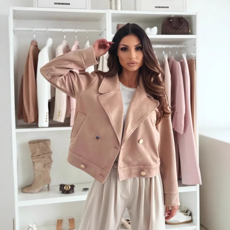 سليم صالح الخريف المرأة الجلد المدبوغ أبلى تقسم التلبيب طوق مزدوجة الصدر جيوب الإناث سترة أنيقة مزاجه معطف لسيدة