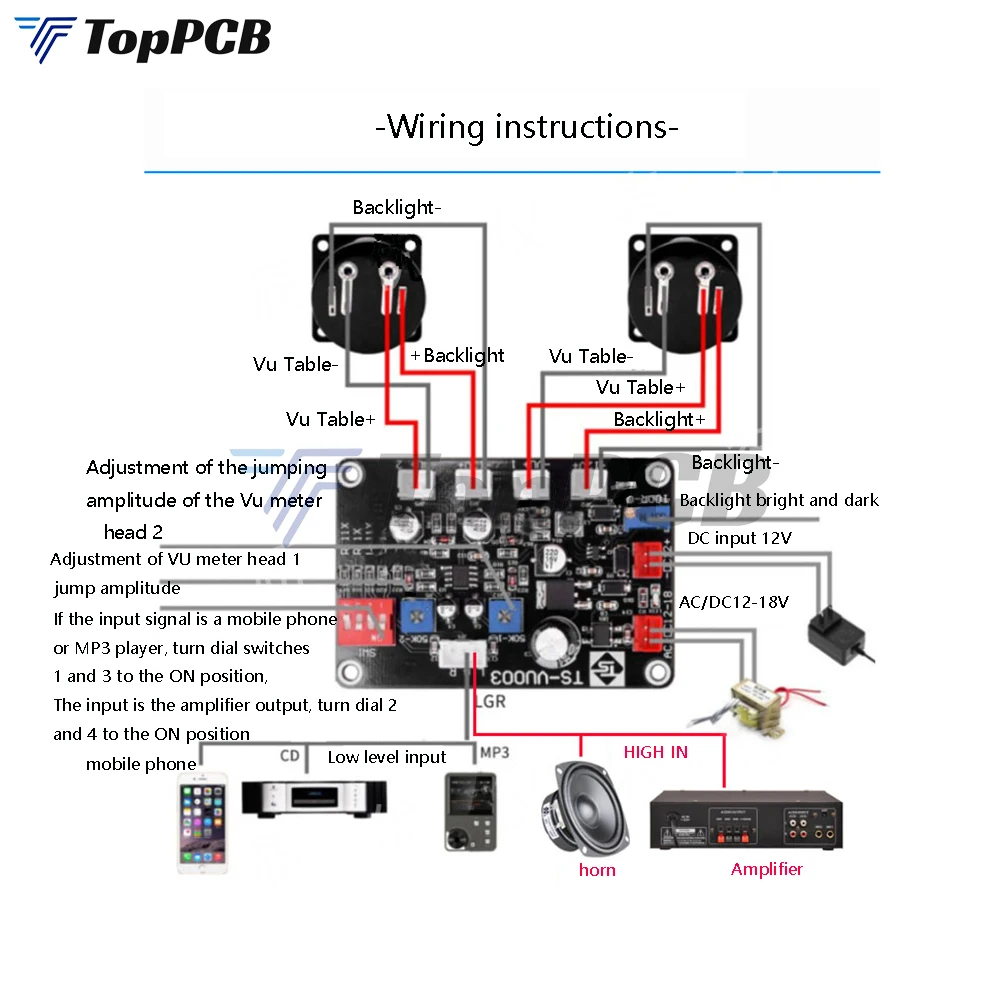 TS-VU003 VU Meter Driver Board AC DC 12V-18V Support High Low Level Input Backlight Adjustable for Vacuum Tube Power Amplifier