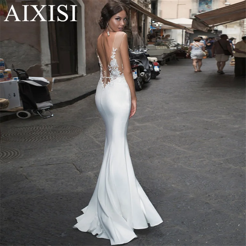 Sexy Mermaid Bride Dresses Lace Side Split Wedding Gowns Lace Backless Convidados Vestido De Noiva robe de mariée Swade