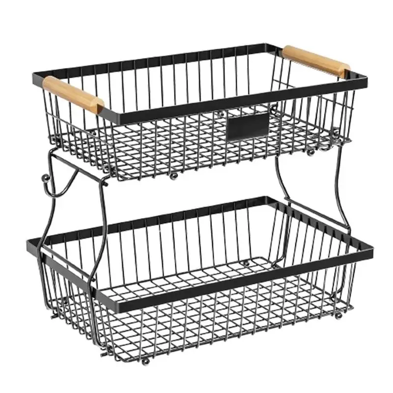 

2 Tier Countertop Fruit Vegetable Storage Basket Organizer Metal Wire Storage Basket with 2 Hangers for Vegetable Storage rack